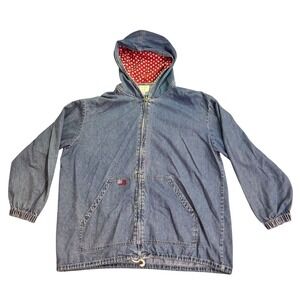 Vintage Andrew Sports Denim Hoodie‎ Jean Jacket Red Stars Lined Zip Up